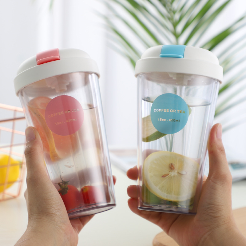 雙層塑料杯翻蓋吸管水杯學(xué)生兒童便攜水杯奶茶果汁簡(jiǎn)約杯子